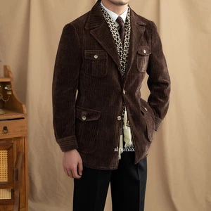 Giacca cappotto corto blazer uomo velluto a coste stile americano retrò caccia safari - Foto 1 di 27