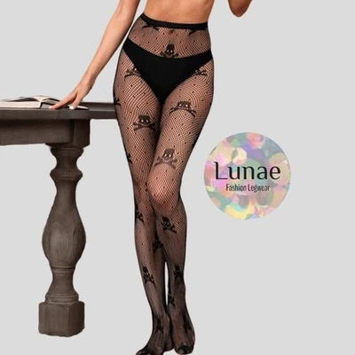 fishnet tights SKULL Polka Dot pattern mesh 10/12/14/16/18 halloween goth punk - Image 1 of 4