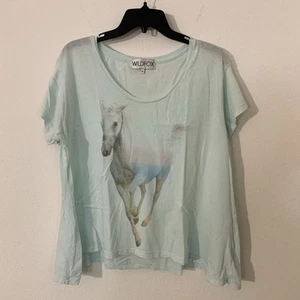 Wildfox Women’s Shirt Small Teal Horse Print Asymmetrical Short Sleeve US - Picture 1 of 4