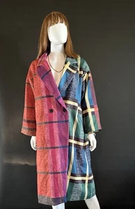 New Bold Colorful Unique Plaid Trench Coat Fun Bright Style Pockets Sz XL - Picture 1 of 8