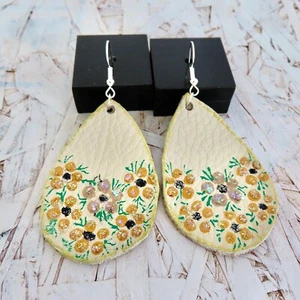 Genuine Leather Earrings Flowers Painted Glitter Handmade Mexican Folk Art - Picture 1 of 19