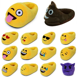 New Ladies Kids Men Plush Emoji Slippers Stuffed Winter Home Indoors Padded Shoe - Picture 1 of 11