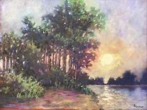 Original Pastellgemälde, 11x15 cm, Bäume und See bei Sonnenuntergang - Bild 1 von 6