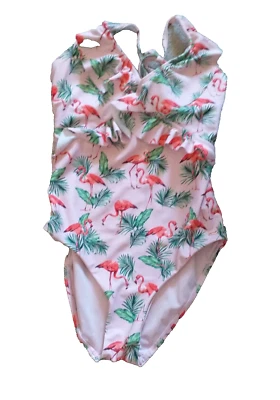 F&F UK 10 Multi Flamingo Removable Pads Halterneck Swimsuit With Frill - Image 1 of 3