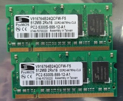 ProMOS 2x 512MB PC2-5300S DDR2-667 SO-DIMM V916764B24QCFW-F5 RAM Memory  - Image 1 of 3