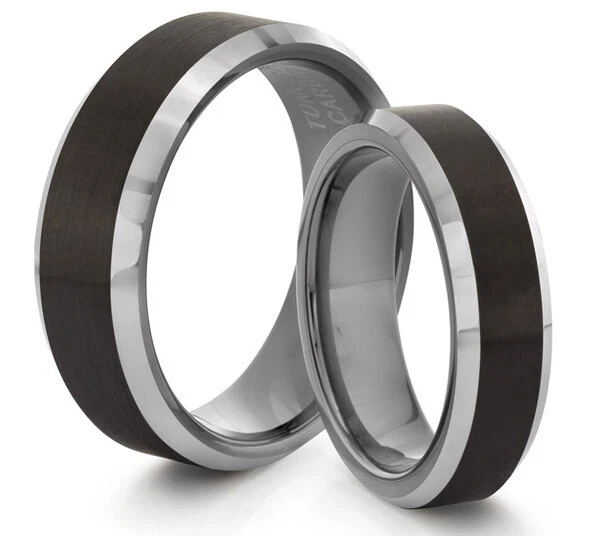 CONJUNTO DE DOS ANILLOS SUYA Y SUYA 8MM/6MM Tungsteno Negro Mate Ajuste Cómodo Alianza de Boda Foto 1 de 3