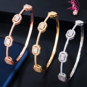 Silver Plated CZ Big Stackable Statement White Open Cuff Bangle Women Wedding - Picture 1 of 15