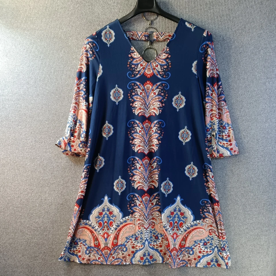 Vestido New Direction para mujer L azul cachemira floral elástico túnica manga lengüeta enrollable Foto 1 de 4