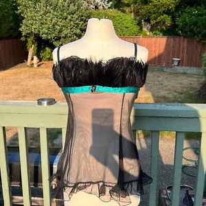 Shirley of Hollywood nightie black mesh lace feathers L sexy Victoria Secret - Picture 1 of 11