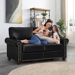 Classic Faux Leather Sofa Upholstered Couch with Removable Cushions Rolled Arms - Picture 1 of 9