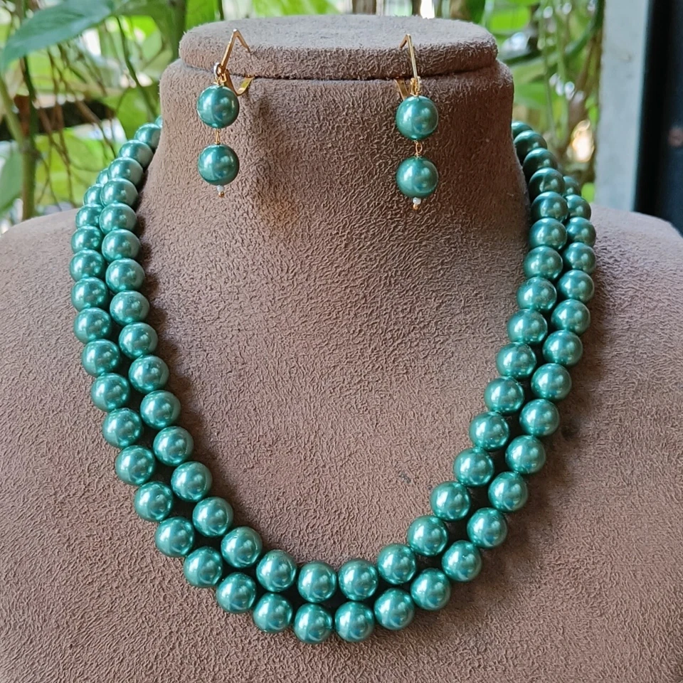 Conjunto de aretes collar llamativos de perlas redondas verdes de 8 mm para mujer Foto 1 de 1