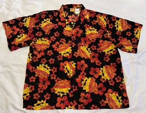 HAWAIIAN TROPIC Sun Logo Mens Red Hibiscus Flower Button Down Shirt 2XL Black - Picture 1 of 4