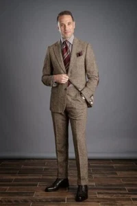 Men's Suit Brown Tweed Check Tan Groom Tuxedo Wedding Prom 2 Piece Blazer Pants - Picture 1 of 12