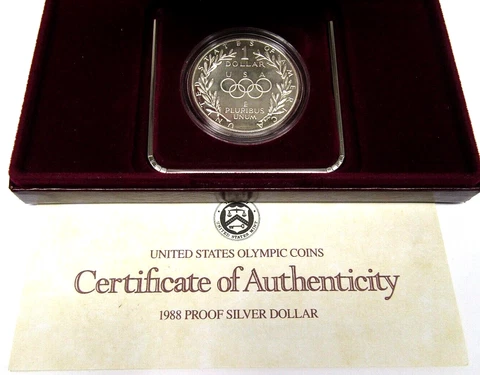1988 S US Mint Olympic 90% Silver Proof Coin in Original Box with COA Cover