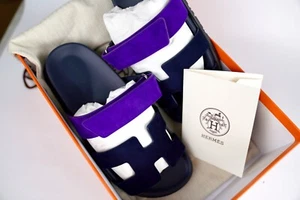 *BNIB* Hermes Women's Chypre Suede Goat Skin Marine / Violet Majorette Size 37 - Picture 1 of 19
