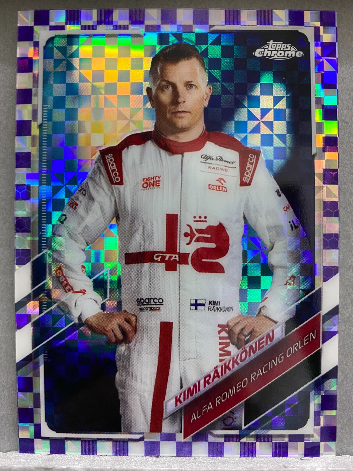 Kimi Raikkonen 2021 Topps Chrome Formula 1 #15 Purple Checker Refractor 199/199