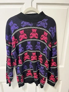 Bel-Ami Vintage Teddy Bear Sweater Acrylic Tunic Black Pink 80s Size L Large - Picture 1 of 4