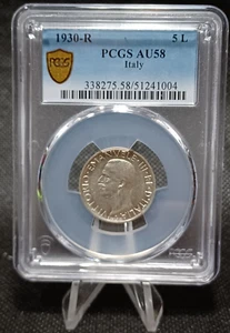 1930 Italy-R 5 Lire, PCGS AU58, Victor Emmanuel III - Picture 1 of 10