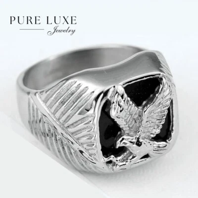 Anillo de águila de acero inoxidable para hombre plata ónix negro, 8-13 alto pulido, caja Foto 1 de 4