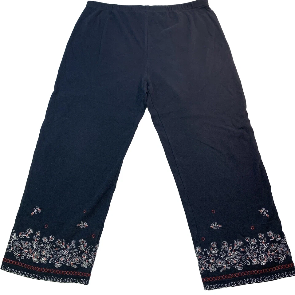 Natori Women's XL Ankle Pants Embroidered Leg Cotton Stretchy Soft Black Lounge - Image 1 of 4