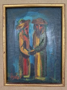 Jewish Culture Artwork Judaica Oil on Canvas Signed Israeli Art Two Men Rabbis - Picture 1 of 13