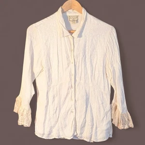 April Cornell Button Front Blouse Lace Cuff Detail White M Fairy Shabby Chic - Picture 1 of 7