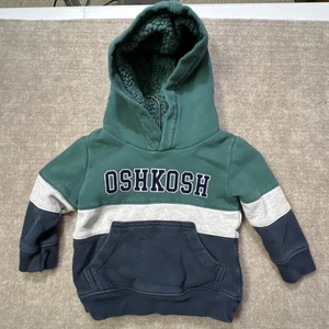 OshKosh Boys 12M Hoodie Fleece Sherpa Lined Pullover Green Blue Toddler - Picture 1 of 6