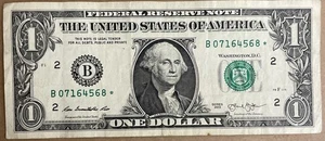 2013 B Duplicate Star Note Error Fancy Number One Dollar Bill B 07164568 * - Picture 1 of 2