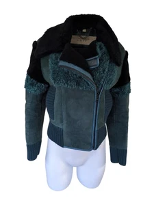 Burberry Mantel 6 UK Wildleder Lammfell Leder USA 4 IT 38 XS Blau Bomberjacke - Bild 1 von 10