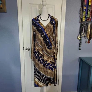 Neu ohne Etikett Glamour 14 blau braun Tiermotiv geometrisches Wickelkleid Datum Arbeit Urlaub - Bild 1 von 9