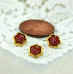 Set of 3 Antique Gold Diminutive Cranberry Red Enamel Pink Rose Buttons - Picture 1 of 9