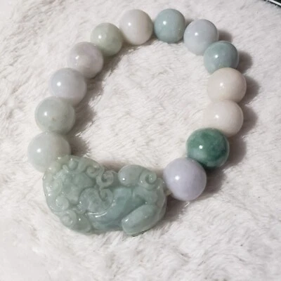 Natural Jadeite Bead Bracelet Jade White to Green Feng Shui Wealth Pixiu 7" - Image 1 of 4