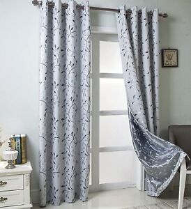 2Panel Gray Room Darkening Curtain Leaf Embroidery Grommet Top Drape,52x96in