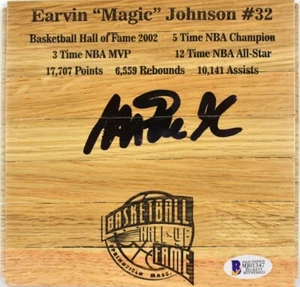 Lakers Magic Johnson Signed 6x6 floorboard w/ black Signature BAS Witnessed - Picture 1 of 2