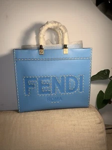 Fendi Sunshine Shopper In Turquoise Leather Fendi Roma Script Stitching - Picture 1 of 6