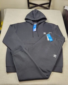 Adidas Hoodie & Jogger Pants Set 2XL Men Black White Trefoil Logo Fleece Tapered - Picture 1 of 18