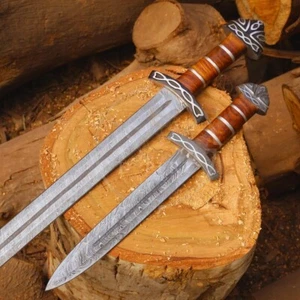 Handmade Damascus Medieval Sword Set 38" & 17" Battle Ready Viking Sword, Gift - Picture 1 of 7