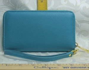 Faux Leather Turquoise Zipper Wallet with Gold Tone Hardware - Picture 1 of 5