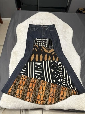 Falda vaquera acampanada Talbots maxi estampado africano talla 10 larga retazos egipcia Foto 1 de 4