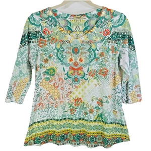 Top One World Mujer XL Cuello en V Metal Brillante en la parte delantera Manga 3/4 Verde Naranja Boho - Imagen 1 de 14