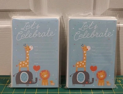 2 - Vamos a celebrar azul baby shower invitaciones jirafa elefante león pato 20 x2 Foto 1 de 3