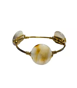 White-Orange-Brown Montana Moss Agate Disc Bangle Bracelet Wire Wrapped 8" Boho - Picture 1 of 24