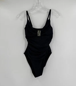 La Blanca by Rod Beattie Black Shirred Gray Black Jewels One Piece Swimsuit Sz 6 - Picture 1 of 7