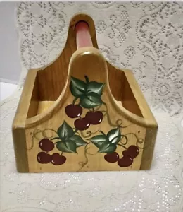 VTG WOODEN BOX w/ Handle ~Hand Painted CHERRIES ~ Farmhouse 1980’s Granny Core - Picture 1 of 8