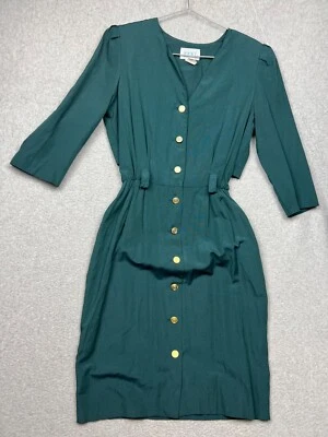 Vintage Peri Button Up Midi Dress Womens Petites 12 Gold Button Green Minimalist - Image 1 of 4