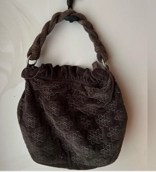 Bolso de Hombro Y2K Antiguo Azul Marino Bordado Terciopelo Gris Volantes Trenzado Media Luna Foto 1 de 4