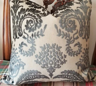 Designers Guild OMBRIONE Charcoal Classic Scrolling Damask Cut Velvet Pillow Cvr - Image 1 of 4