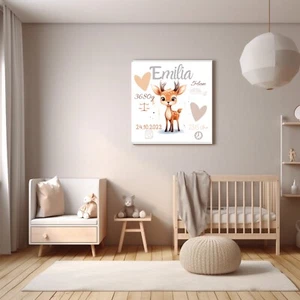 Mural regalo bebé personalizado con nombre fechas de nacimiento ciervo imagen lienzo - Imagen 1 de 4