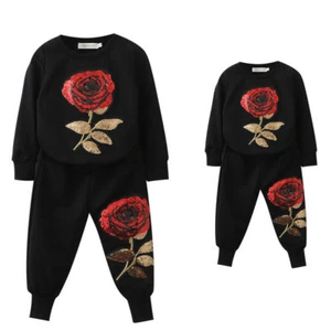 Girls Mother Daughter Matching Outfit 2Pcs Rose Sequin Print Autumn Kids Clothes - Picture 1 of 4