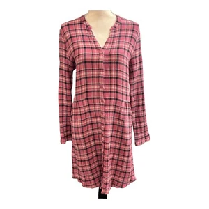 Garnet Hill Womens 12 Plaid Button Down Shirt Dress Cotton Mini Pink Pockets - Picture 1 of 8